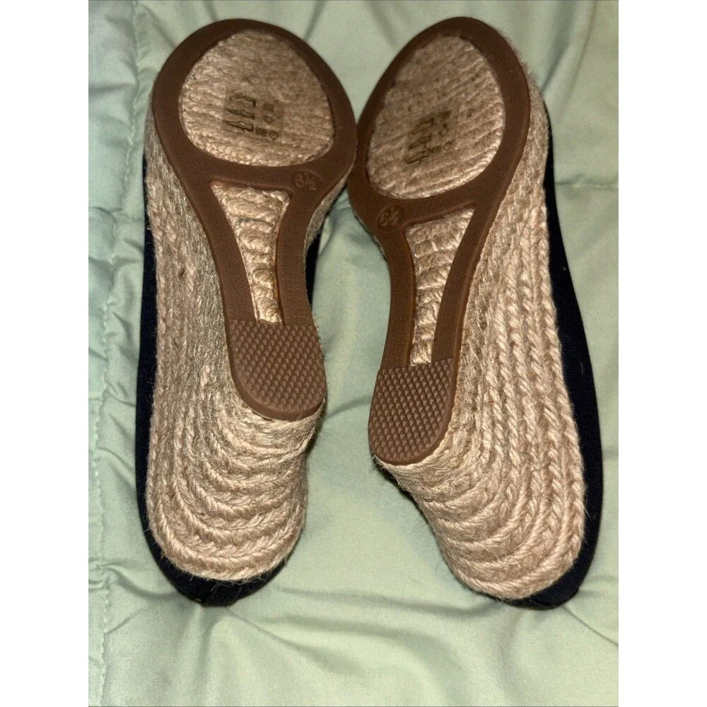 J. Crew Preppy Navy Blue Canvas Espadrille Wedges Jute Heel Size 6.5